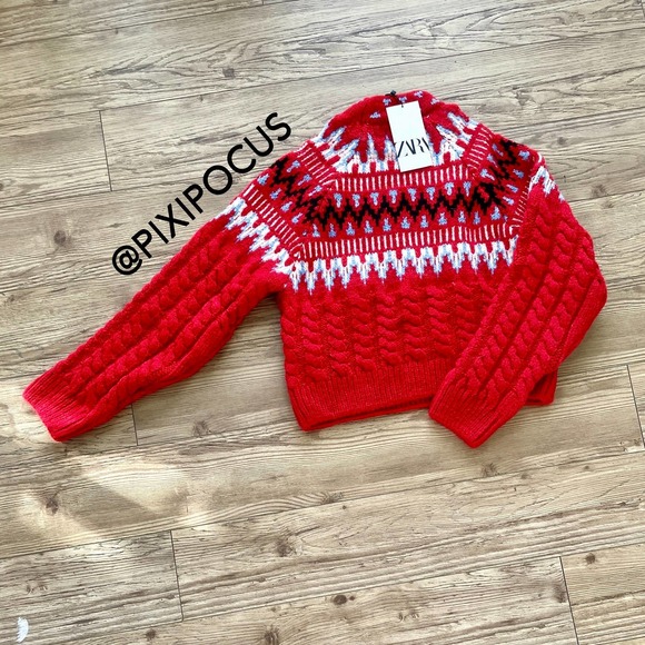 ZARA WOOL CABLE KNIT JACQUARD SWEATER RED - Picture 12 of 15
